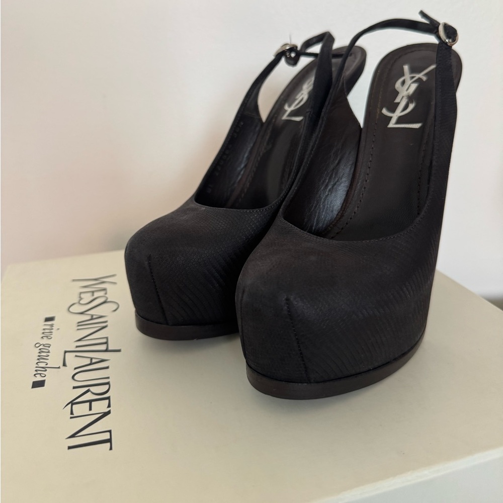 Yves Saint Laurent Dark Brown Textured Slingback Heels